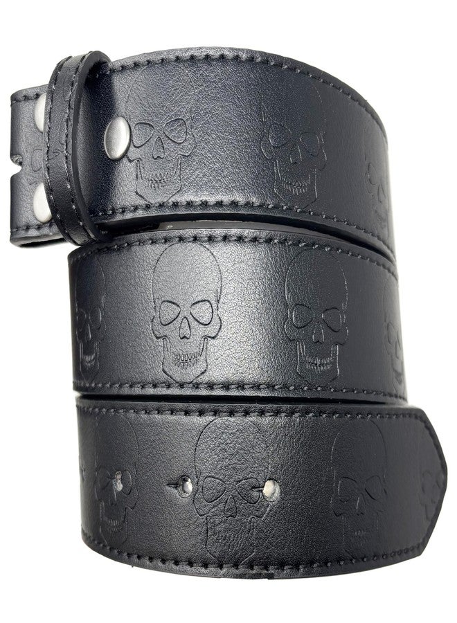 BC Belts حزام جلدي بتصميم جمجمة بدون مشبك، عرضه 1.5 بوصة، مزود بأزرار كبس - لون روك (أسود - مقاس كبير) - Image 1